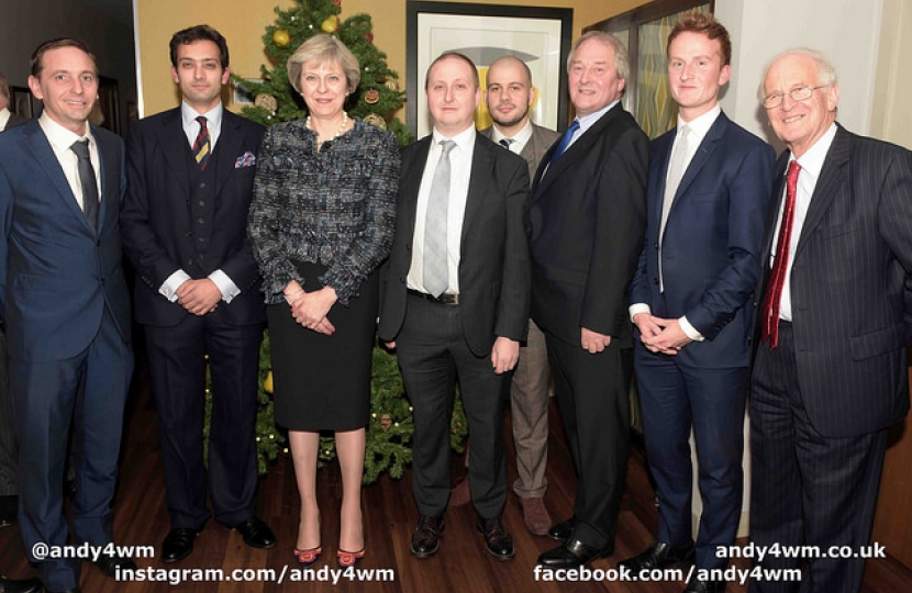 The Prime Minister with the Edgbaston Conservative Association Officers (left to right: Cllr Bruce Lines, Dr Neil Shastri-Hurst, Rt Hon Theresa May MP, Mr Ian Colpman, Mr James Boran, The Lord Whitby, Mr Oli Dixon, Guy Hordern MBE
