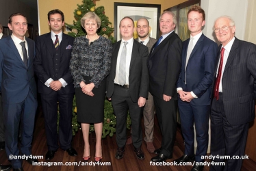 The Prime Minister with the Edgbaston Conservative Association Officers (left to right: Cllr Bruce Lines, Dr Neil Shastri-Hurst, Rt Hon Theresa May MP, Mr Ian Colpman, Mr James Boran, The Lord Whitby, Mr Oli Dixon, Guy Hordern MBE